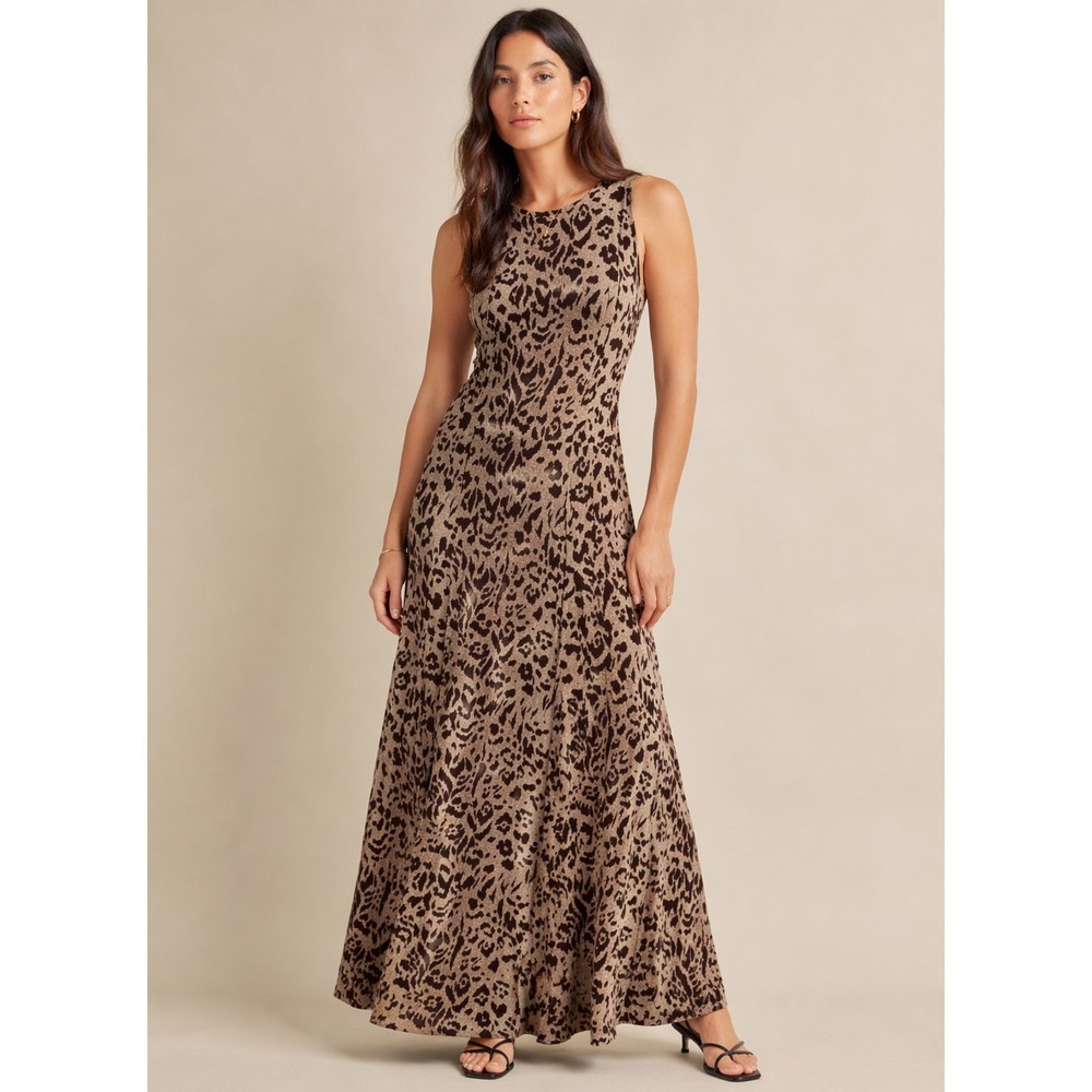 Misho Vintage 100% Silk Leopard Print Maxi Dress Sleeveless Brown Tan Size 6